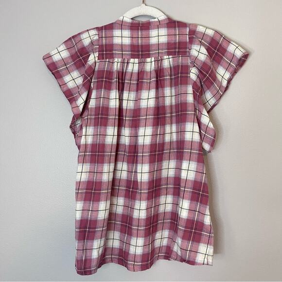 Trovata Birds of Paradis Brett Canyon Plaid Flutter Sleeve Blouse Top Red White - Picture 5 of 7